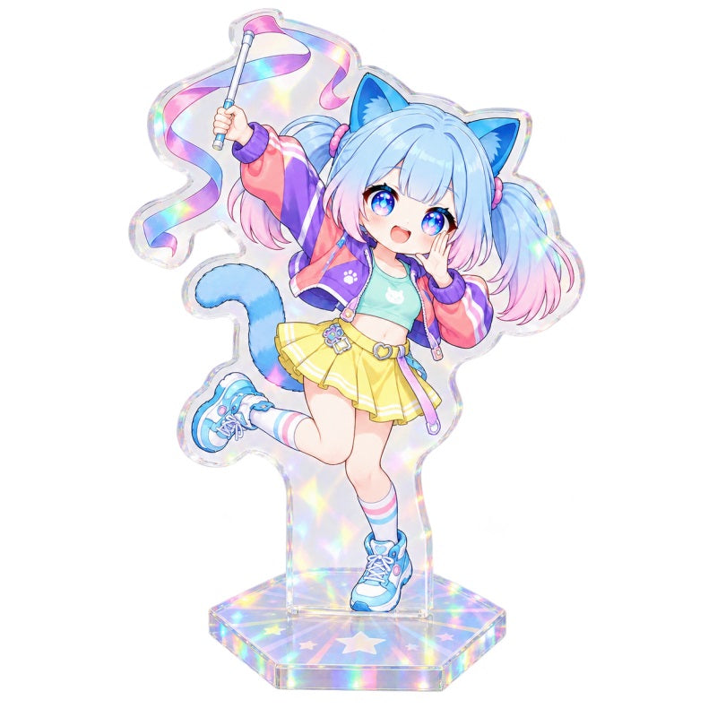 Custom holographic acrylic standee with anime-style character artwork and rainbow finish