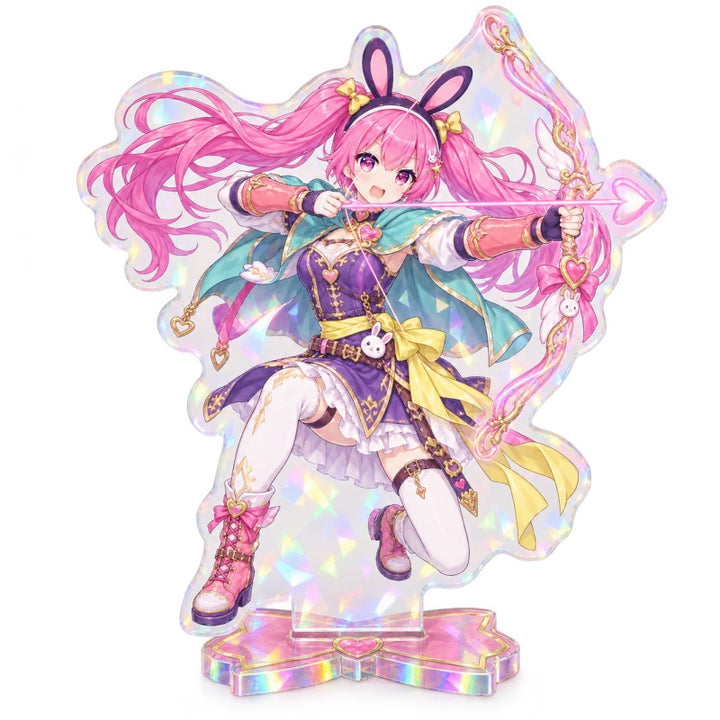 Custom holographic acrylic standee with bunny character artwork and rainbow finish