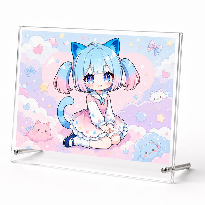 A horizontal crystal-clear custom acrylic art print block displaying a detailed illustration of a sitting chibi anime girl on a solid white background.