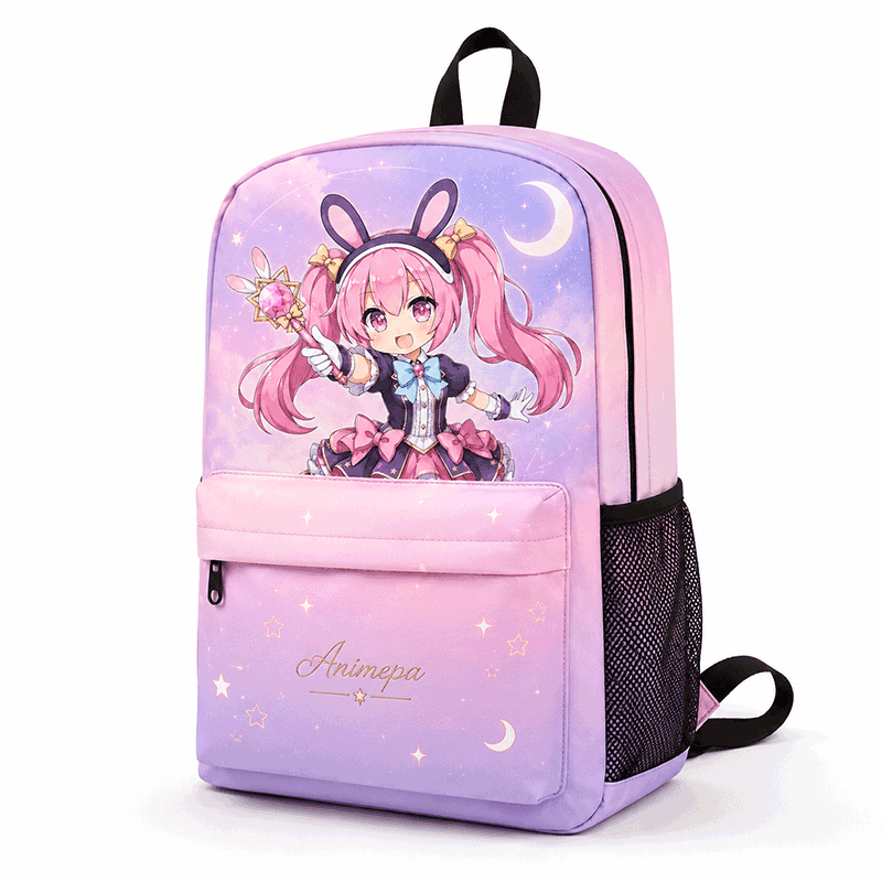 Custom kawaii canvas backpack with pink anime character print for daily use