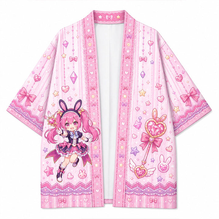 A bright pink custom anime kimono cardigan happi coat featuring a cute rabbit-eared idol girl and magical wand illustration on a white background.