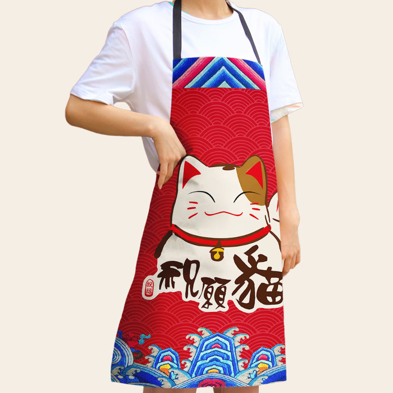 Model wearing a custom red lucky cat kitchen apron