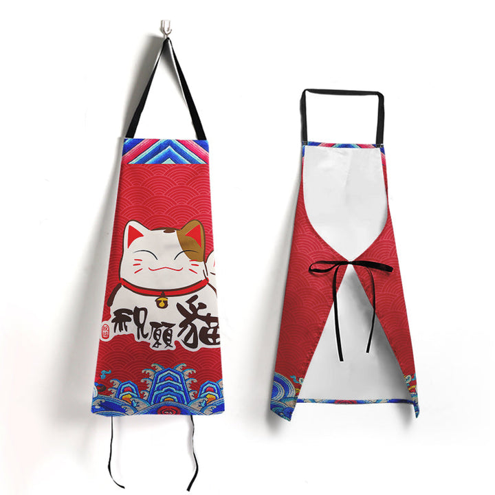 Custom red lucky cat apron shown from front and back