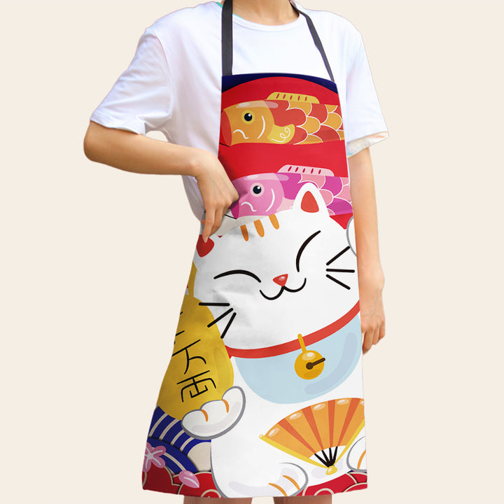 Model wearing a custom yellow lucky cat bib apron