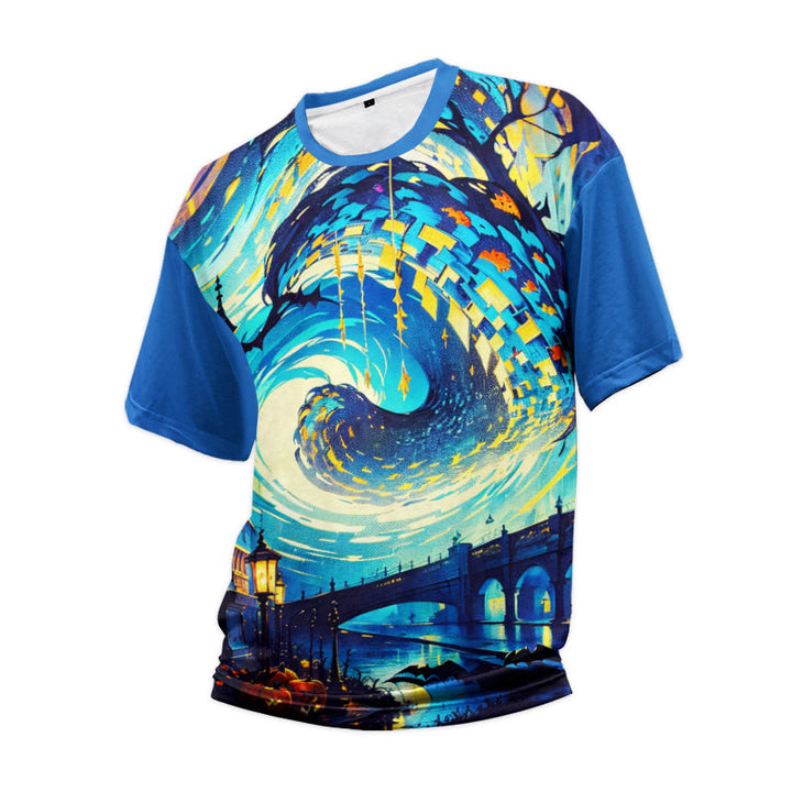 Custom men's blue city artwork sublimation T-shirt, angled view