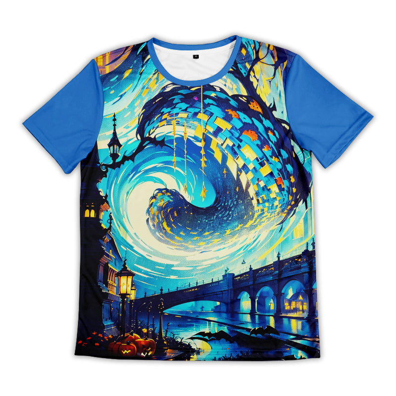 Custom men's sublimation T-shirt with blue city artwork, front view