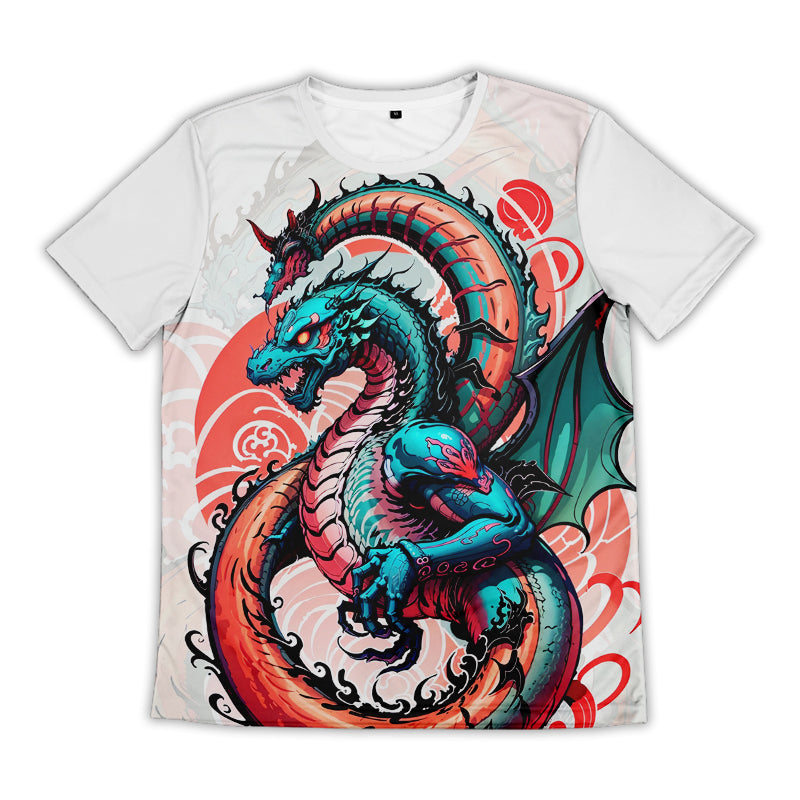 Custom men's white sublimation T-shirt with dragon artwork, front view