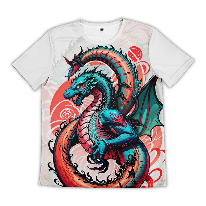 Custom men's white sublimation T-shirt with dragon artwork, front view