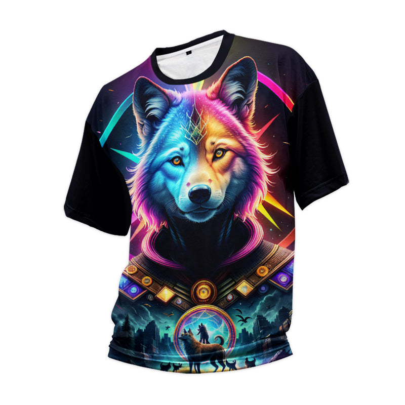 Custom men's neon wolf artwork sublimation T-shirt, angled view