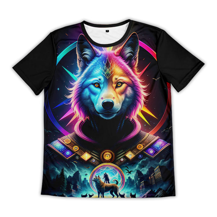 Custom men's black sublimation T-shirt with neon wolf artwork, front view