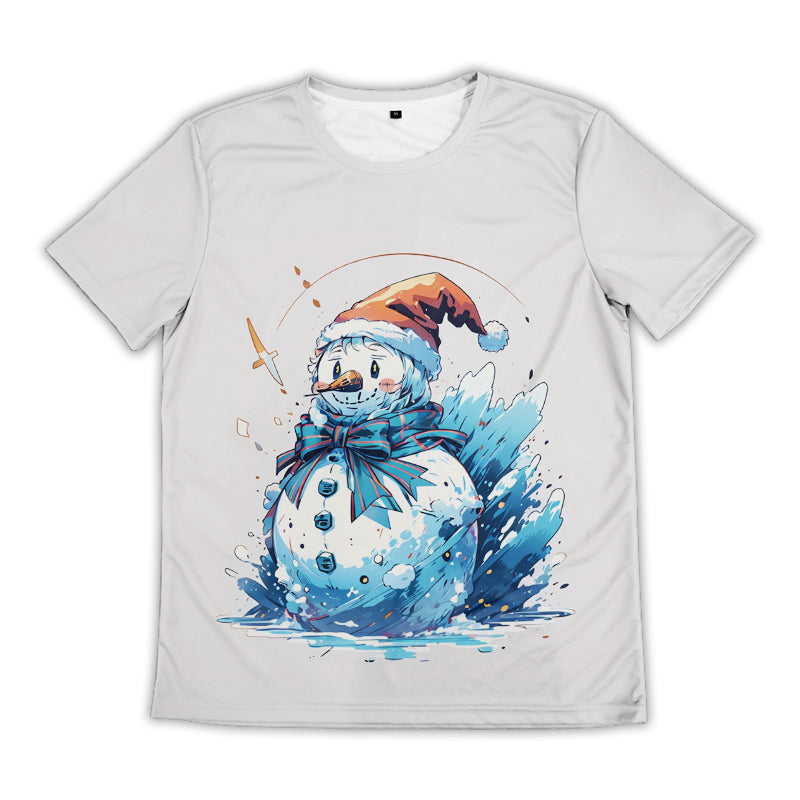 Custom men's white sublimation T-shirt with snowman artwork, front view