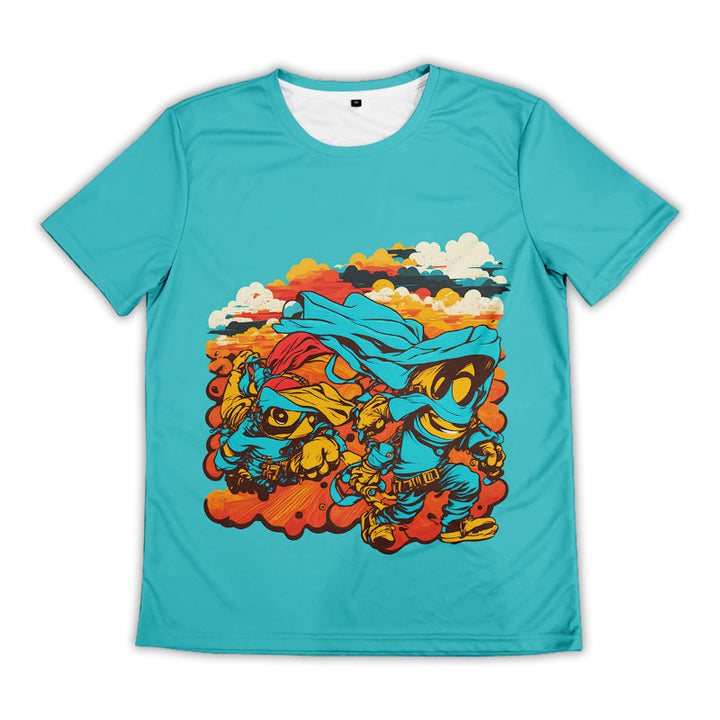 Custom men's teal sublimation T-shirt with colorful graphic artwork, front view