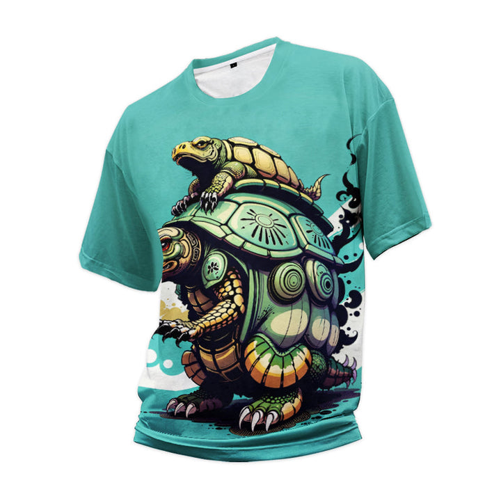Custom men's teal sublimation T-shirt with turtle artwork, angled view