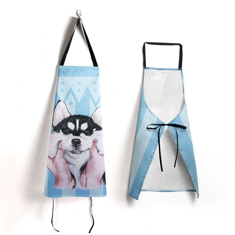 Custom blue husky dog apron shown from front and back