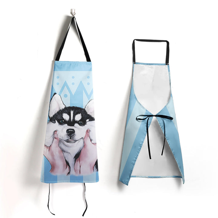 Custom blue husky dog apron shown from front and back