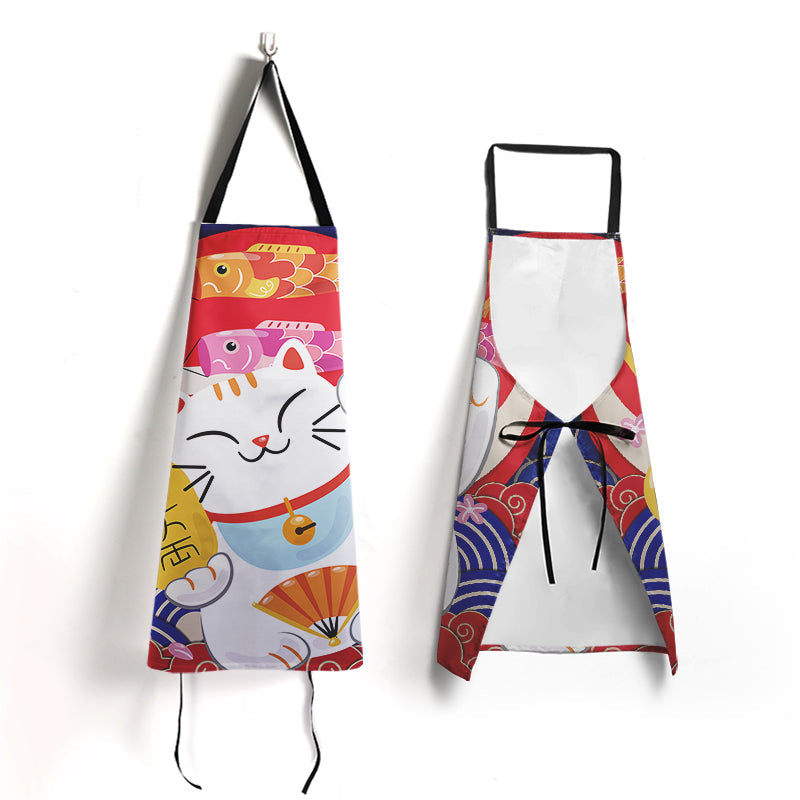 Custom yellow lucky cat apron shown from front and back