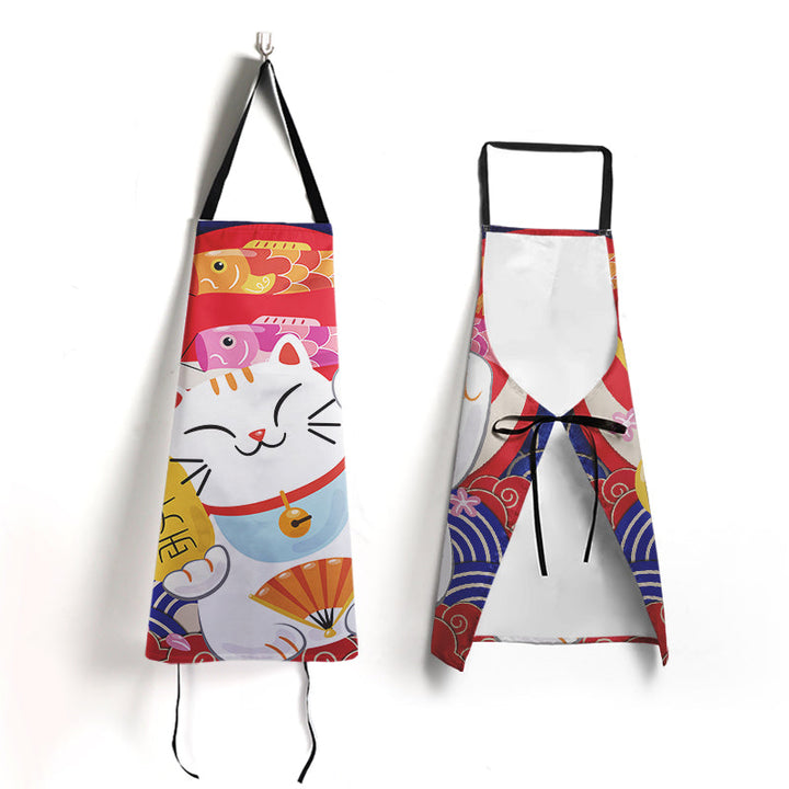 Custom yellow lucky cat apron shown from front and back
