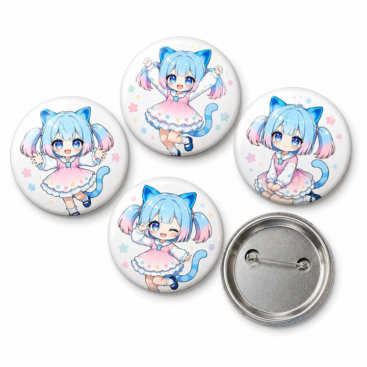 A standalone display of four custom printed anime graphic pins surrounding one badge showing the metal pin attachment mechanism on a white background.