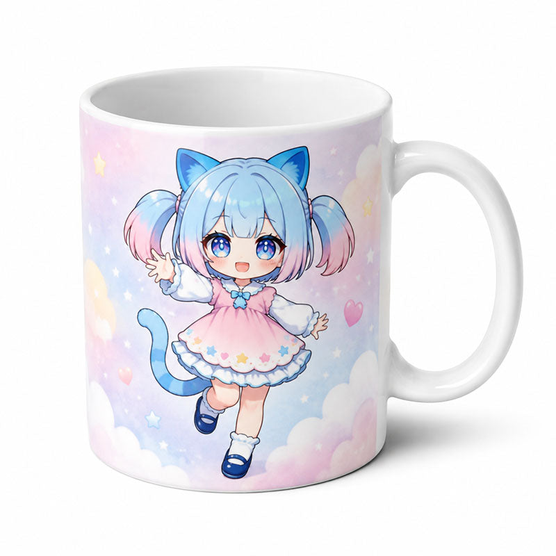 A premium white ceramic custom printed mug with a glossy finish displaying a cute chibi anime girl character design on a pure white background.