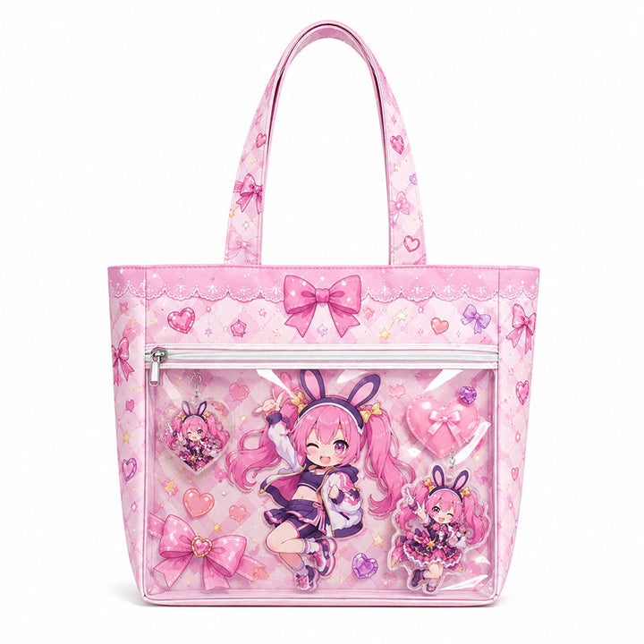 A vibrant hot pink anime theme composite fabric tote bag with a transparent display window for artist merch.