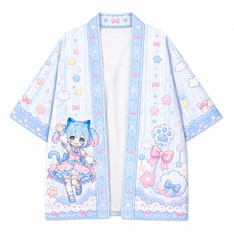 A light pastel blue custom printed anime kimono jacket showcasing a cute blue-haired cat girl design on a pure white background.