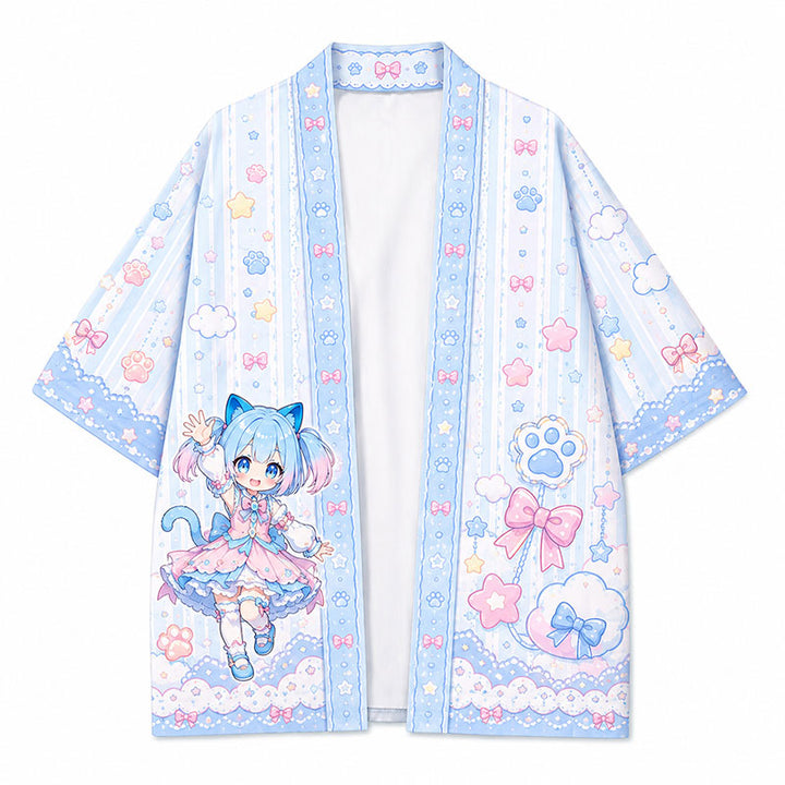 A light pastel blue custom printed anime kimono jacket showcasing a cute blue-haired cat girl design on a pure white background.