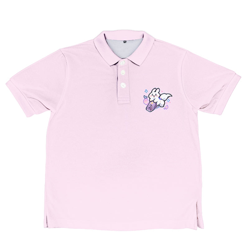 Custom printed polo shirt front view with small chest design