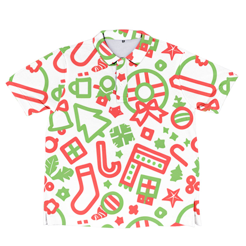Custom full-color polo shirt with all-over holiday pattern