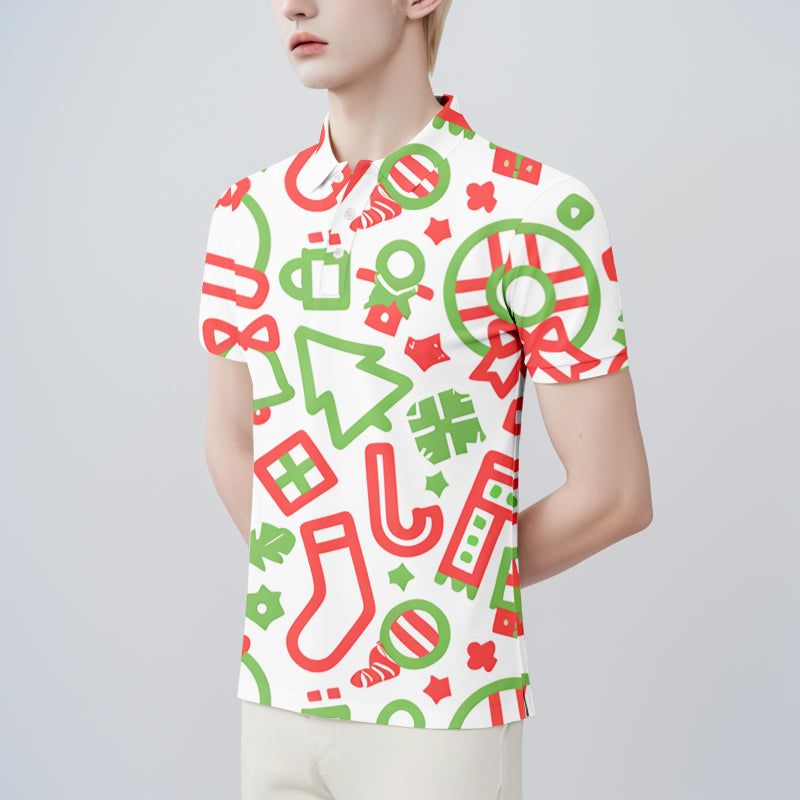 Male model wearing a custom full-color all-over print polo shirt