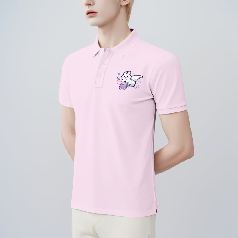 Male model wearing a custom pink polo shirt with chest artwork
