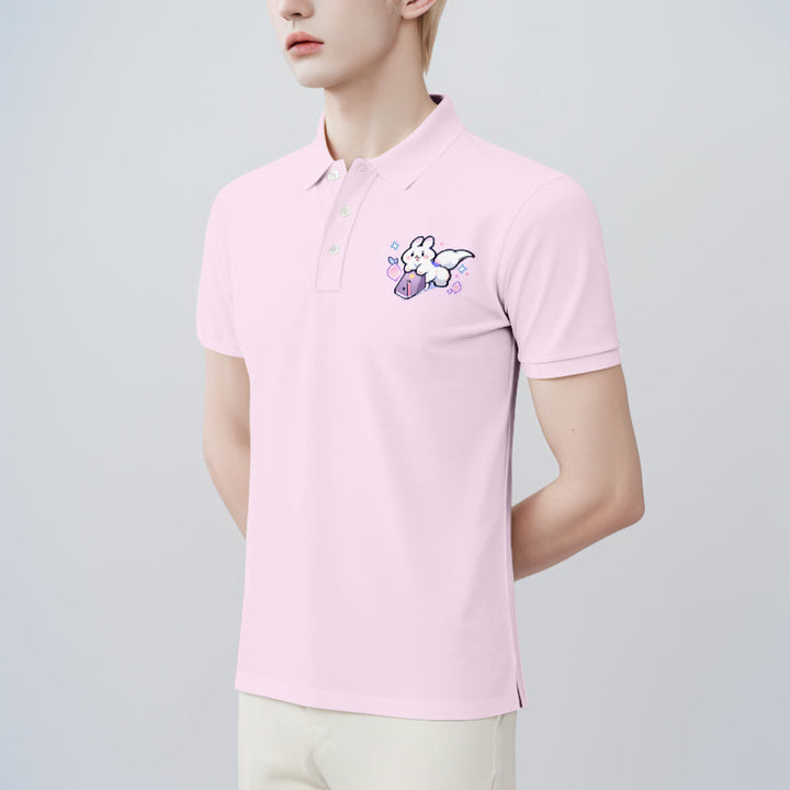 Male model wearing a custom pink polo shirt with chest artwork