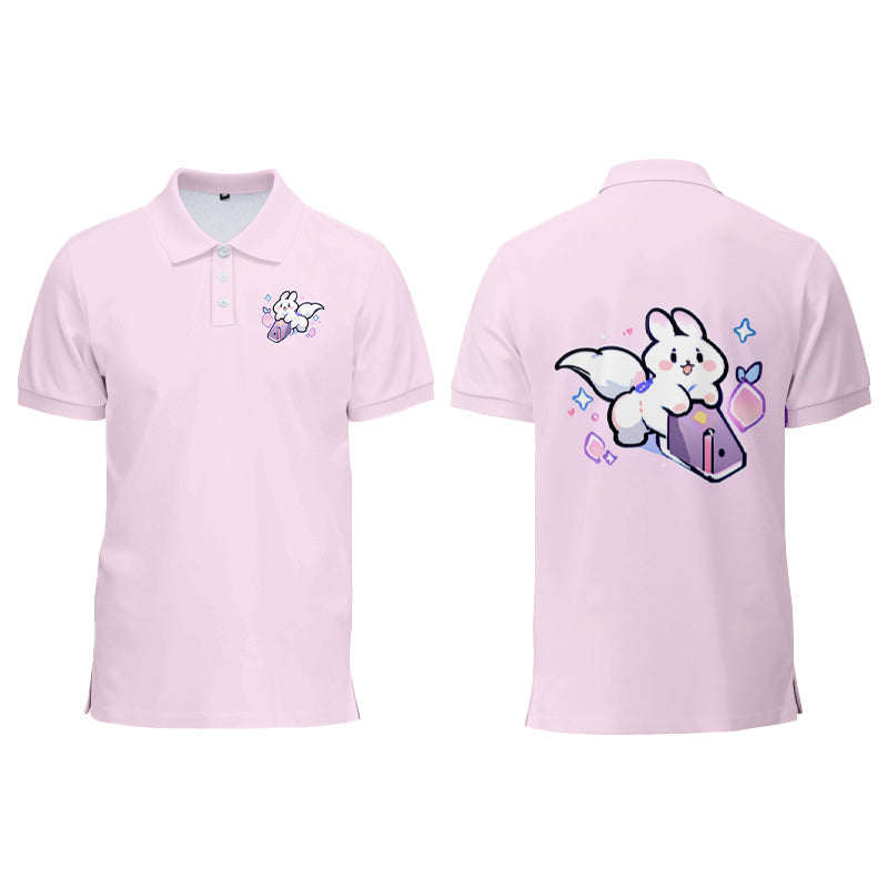 Custom pink polo shirt with small chest and large back artwork