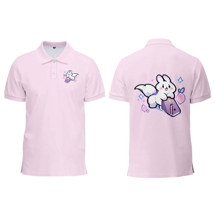 Custom pink polo shirt with small chest and large back artwork