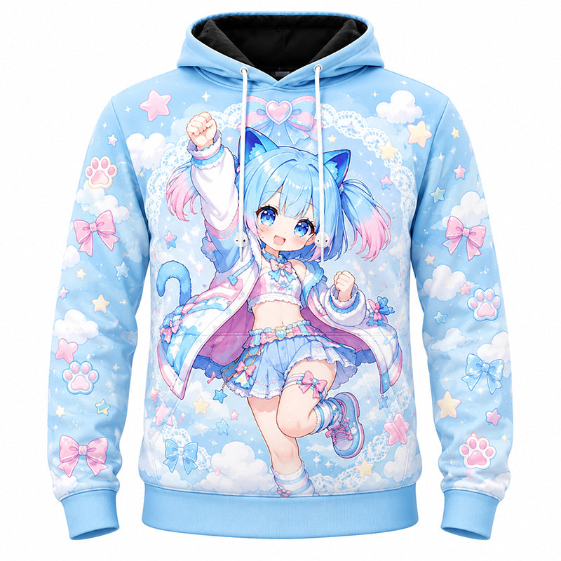A bright cosmic blue and sky pattern custom printed pullover hoodie featuring a vibrant blue-haired anime cat girl illustration on a white background.