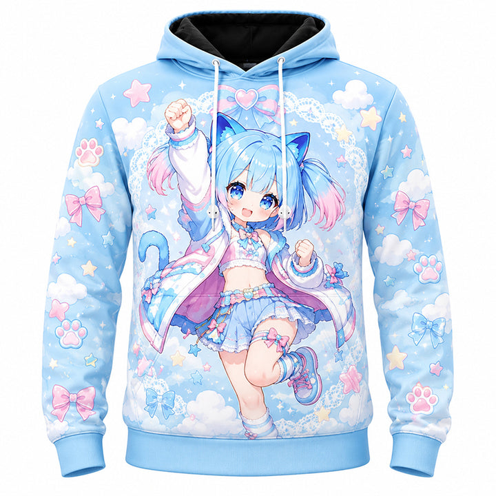 A bright cosmic blue and sky pattern custom printed pullover hoodie featuring a vibrant blue-haired anime cat girl illustration on a white background.