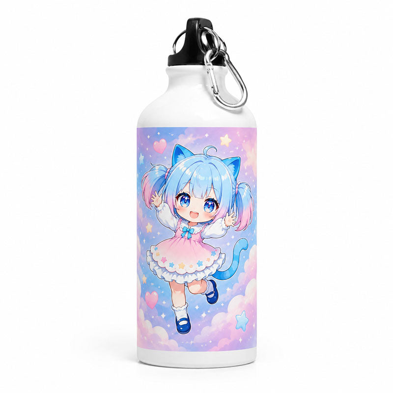 A premium eco-friendly custom printed sport water bottle showcasing a cute chibi anime girl floating among soft pastel pink and blue clouds.
