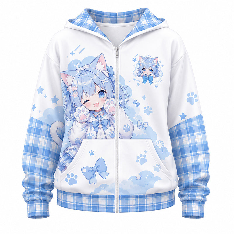 A light blue and white custom printed zip-up hoodie with a plaid pattern on the sleeves and a cute anime character on a white background.