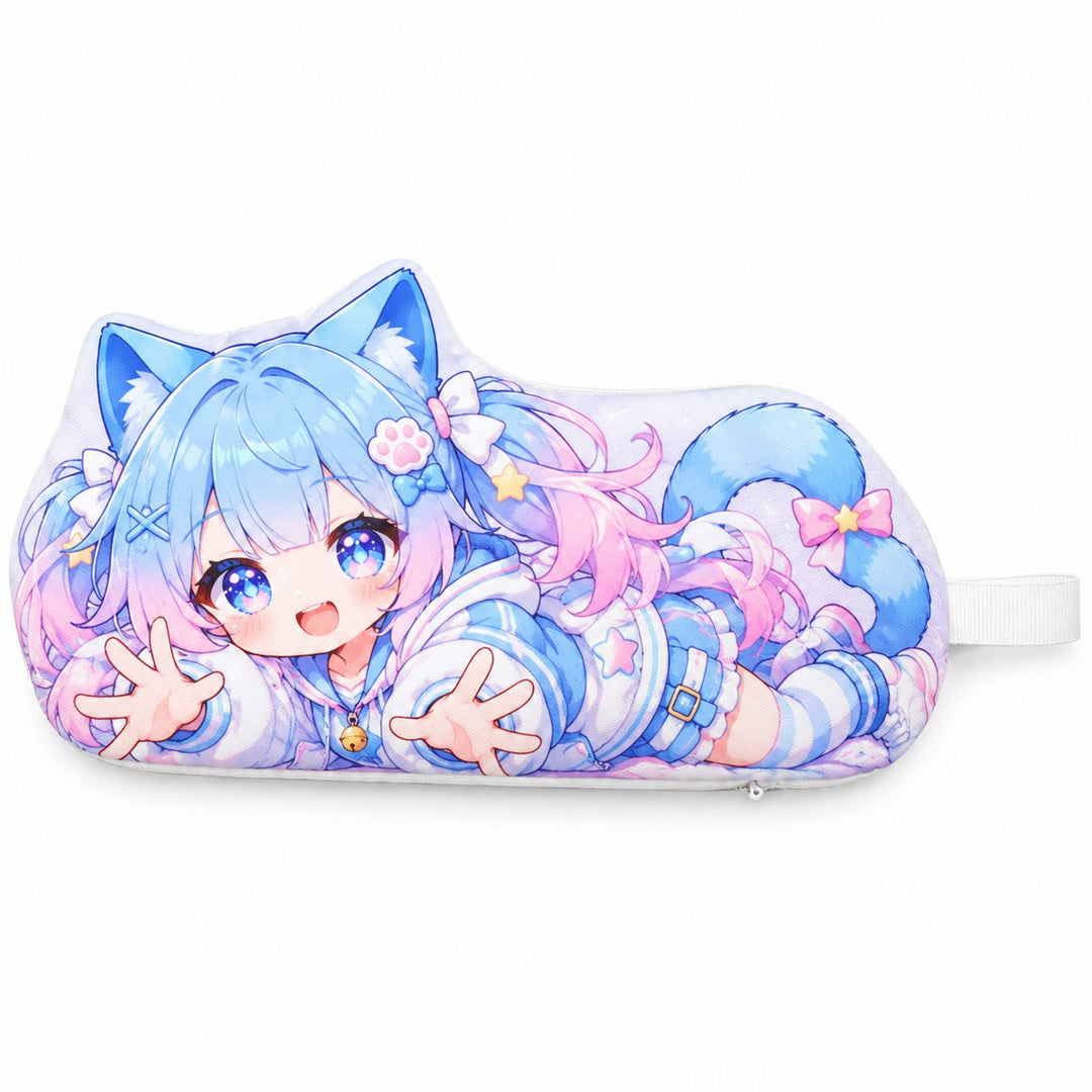 Custom shaped pencil case with blue cat character artwork on a white background