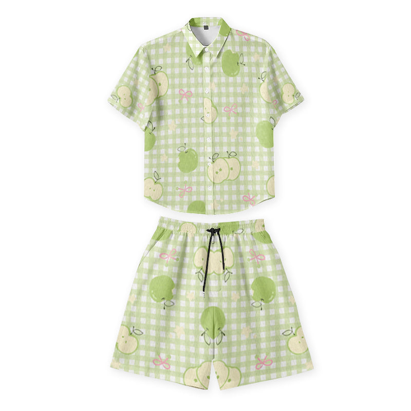 Custom short-sleeve shirt and drawstring shorts set with green apple pattern
