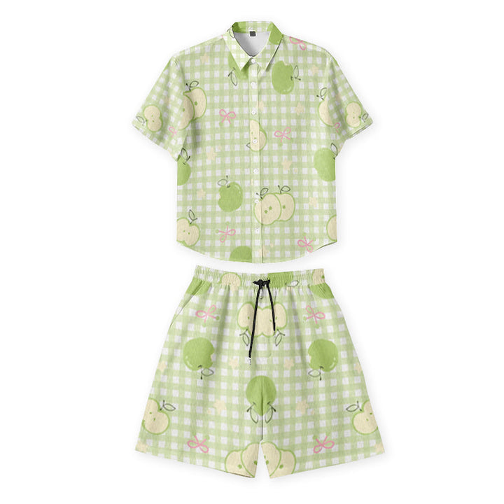 Custom short-sleeve shirt and drawstring shorts set with green apple pattern