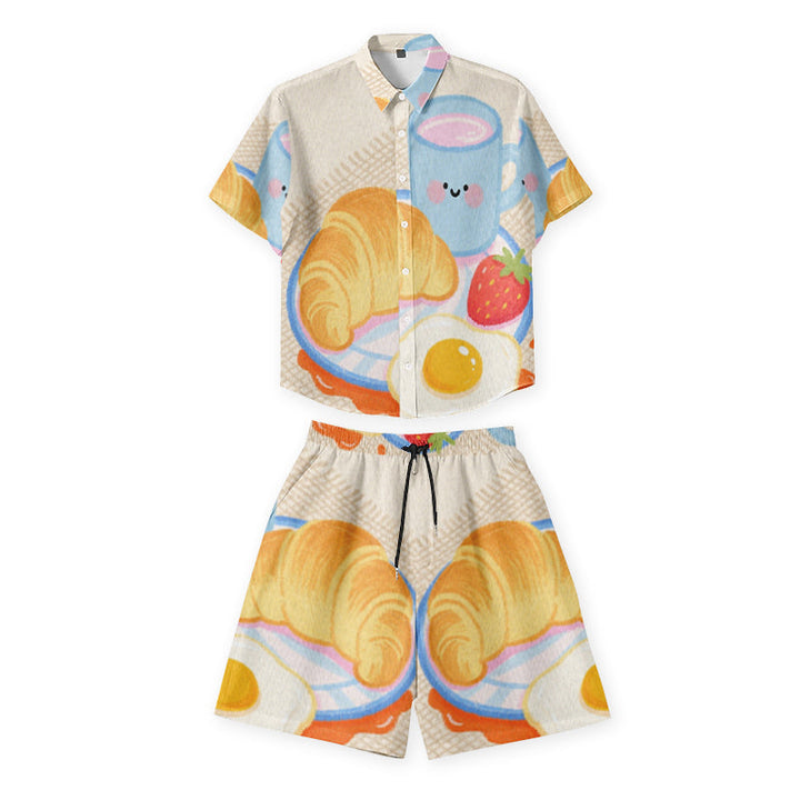 Custom short-sleeve shirt and shorts set with colorful breakfast artwork