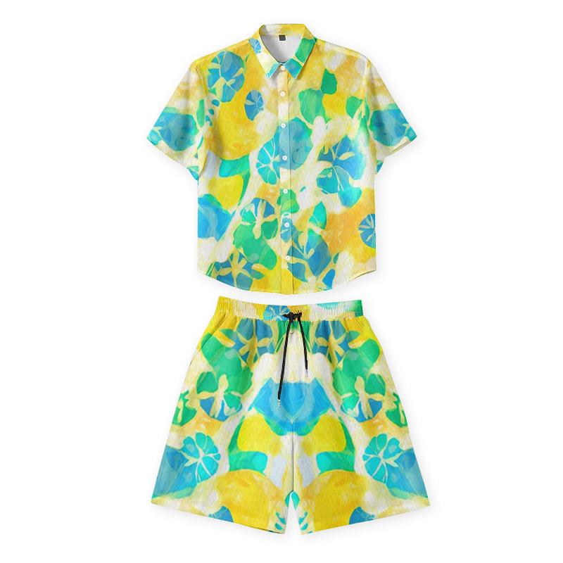 Custom short-sleeve shirt and shorts set with green floral artwork