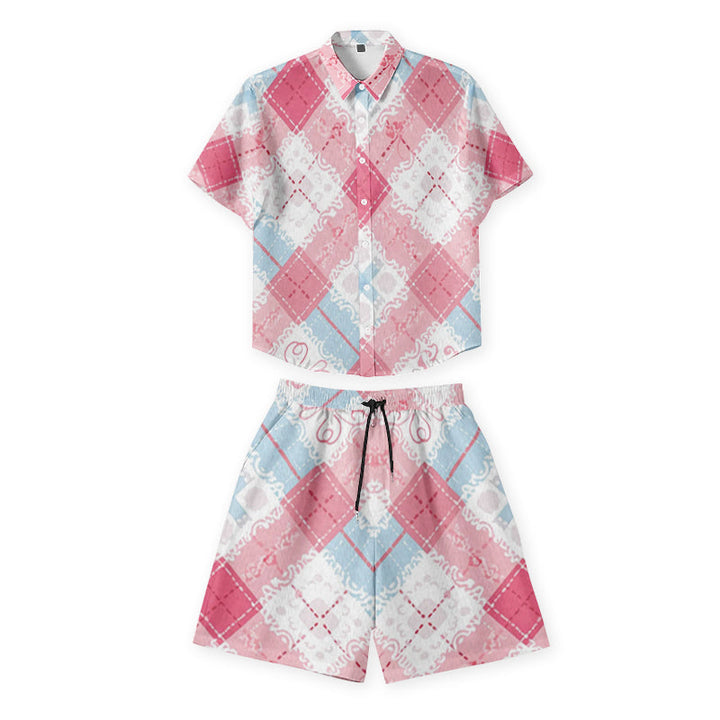 Custom matching short-sleeve shirt and shorts set with pink argyle pattern