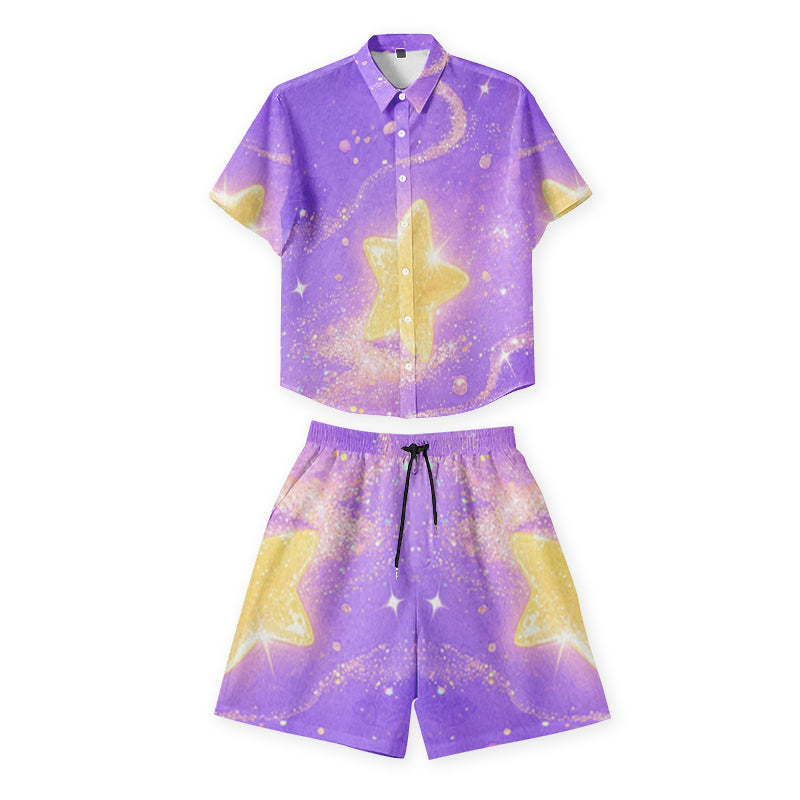 Custom matching shirt and drawstring shorts set with purple star artwork
