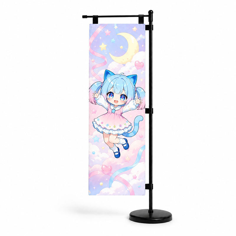 A professional product showcase of a custom anime table nobori flag with a sleek black stand and base featuring a cute character and a yellow crescent moon.