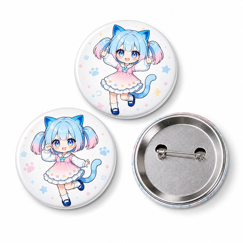 A product showcase displaying the front printed graphic and the solid metal safety pinback reverse side of custom tinplate anime badges.