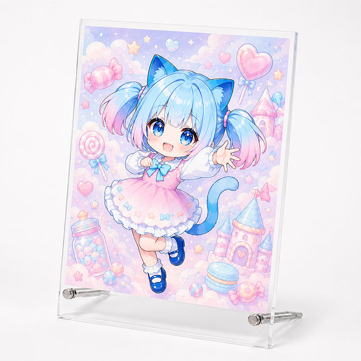 A vertical custom acrylic desktop art frame with metal supporting stands featuring a cute blue-haired anime girl in front of a pastel castle background.