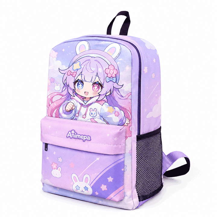 Cute anime backpack with purple character artwork and custom printed design