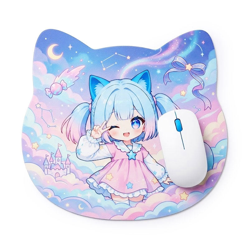 A custom shaped die-cut anime mouse pad in a cat-head outline featuring a cute blue cat girl under a purple starry constellation sky with a white mouse.