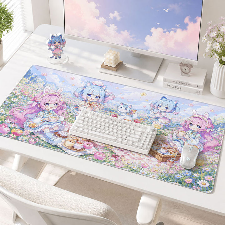 An extended 40x90cm custom printed anime desk mat mousepad covering a large desk space with an immersive multi-character magical scenery.